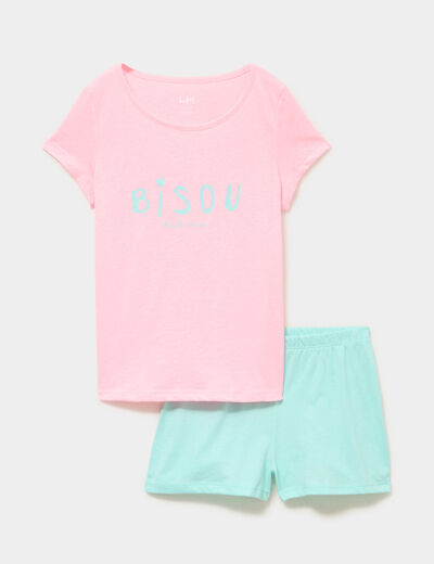 Ensemble pyjama short et t-shirt coton rose fluo fille