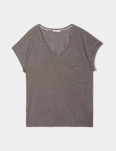 T-shirt effet chiné col en V avec poche vert kaki femme grande taille