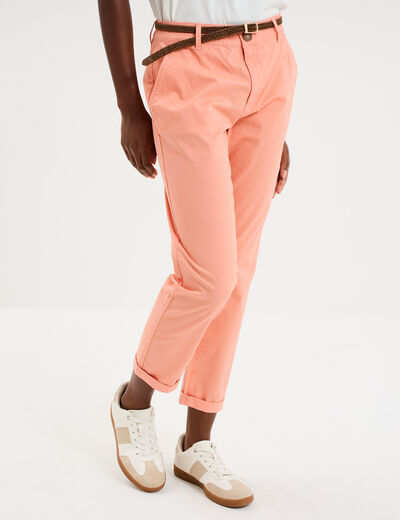 Pantalon chino 7/8&egrave;me ceinture tress&eacute;e orange corail femme