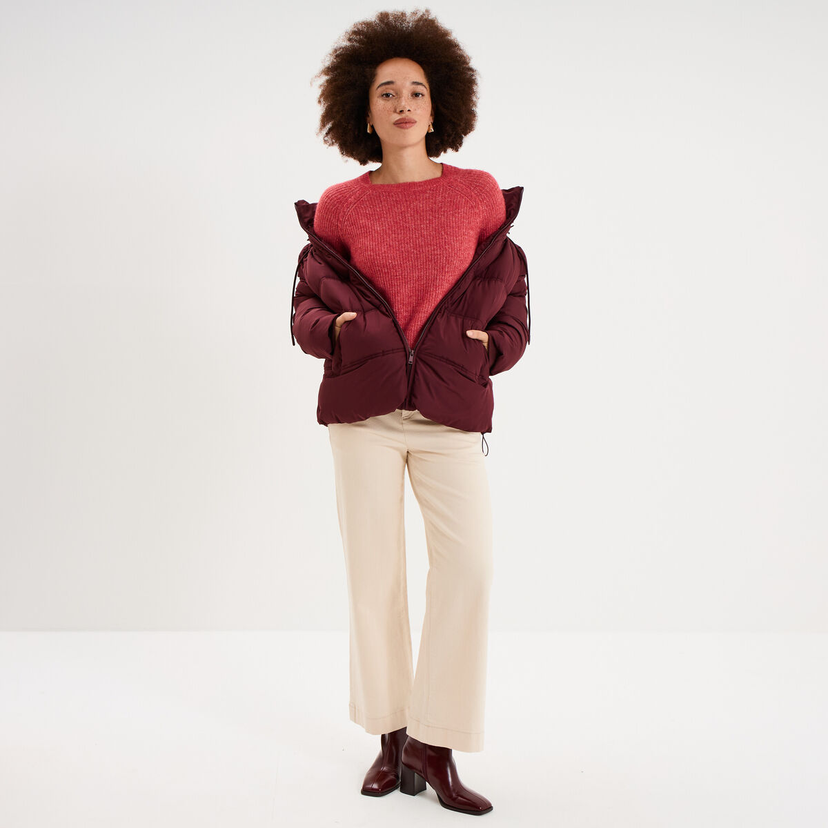 Pull col rond manches longues rose cerise femme
