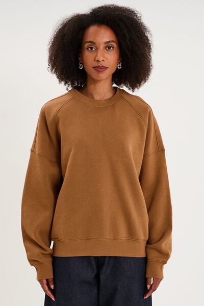Sweat col rond oversize manches longues marron clair femme