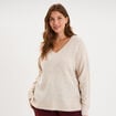 Pull droit col en V manches longues ecru femme grande taille