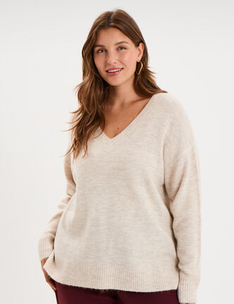 Pull droit col en V manches longues ecru femme grande taille