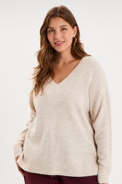 Pull droit col en V manches longues ecru femme grande taille