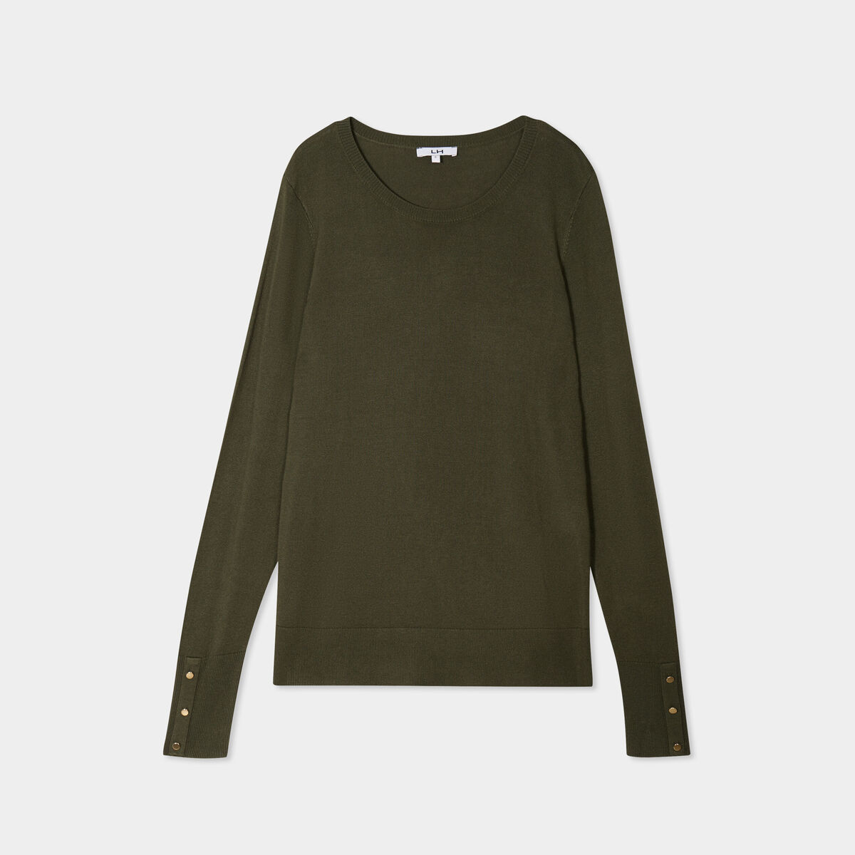Pull col rond boutons aux poignets vert kaki femme