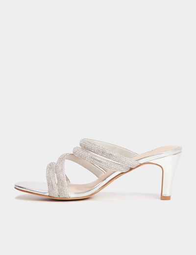 Mules &agrave; talons brides &agrave; strass Mosquitos gris argent femme