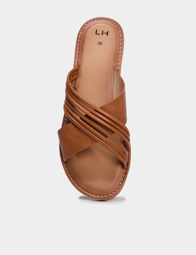 Mules plates avec brides crois&eacute;es marron femme