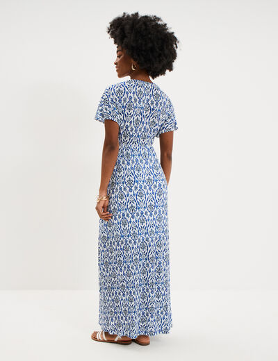 Robe longue gaufr&eacute;e manches courtes ecru femme