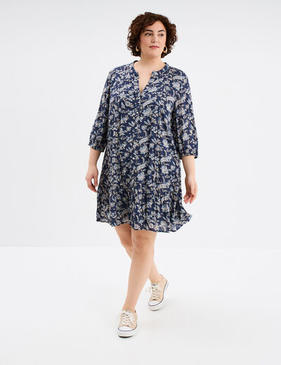 Robe évasée fluide manches longues col V bleu marine femme grande taille