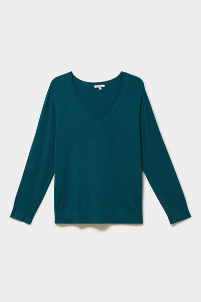 Pull fin col en V manches longues vert fonc&eacute; femme grande taille