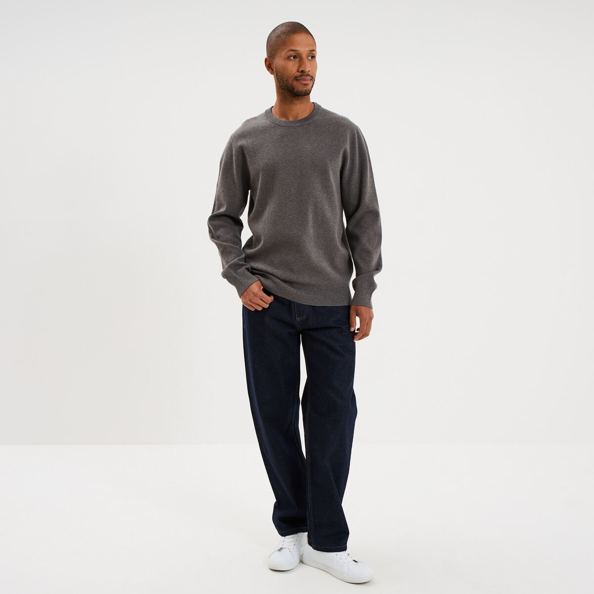Pull col rond manches longues gris homme