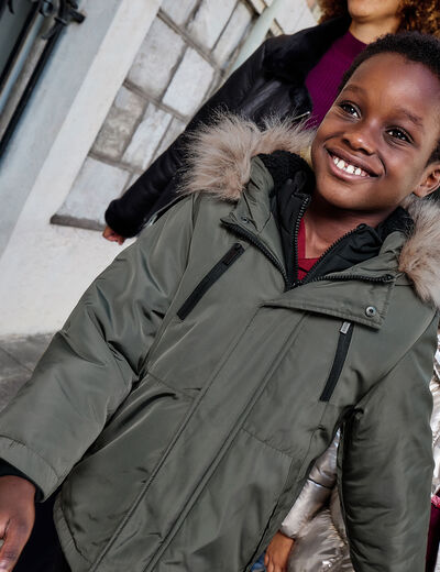 Parka &agrave; capuche fausse fourrure vert kaki gar&ccedil;on