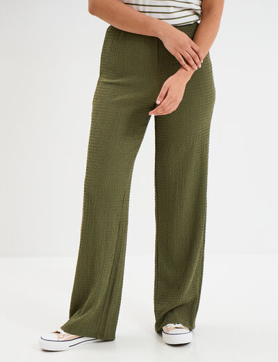 Pantalon effet gaufré taille élastiquée vert kaki femme