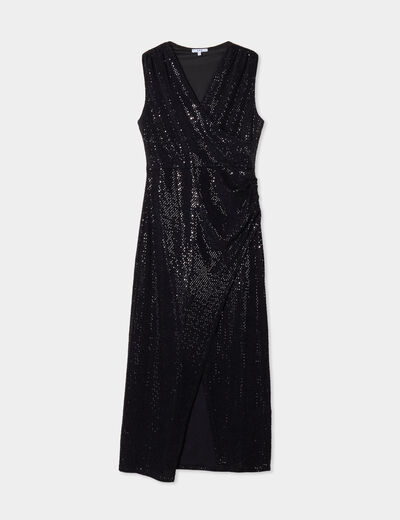 Robe midi moulante drapée paillettes noir femme