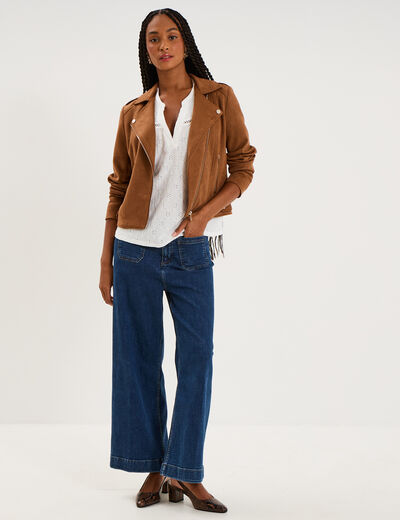Blouse brod&eacute;e col tunisien blanc femme