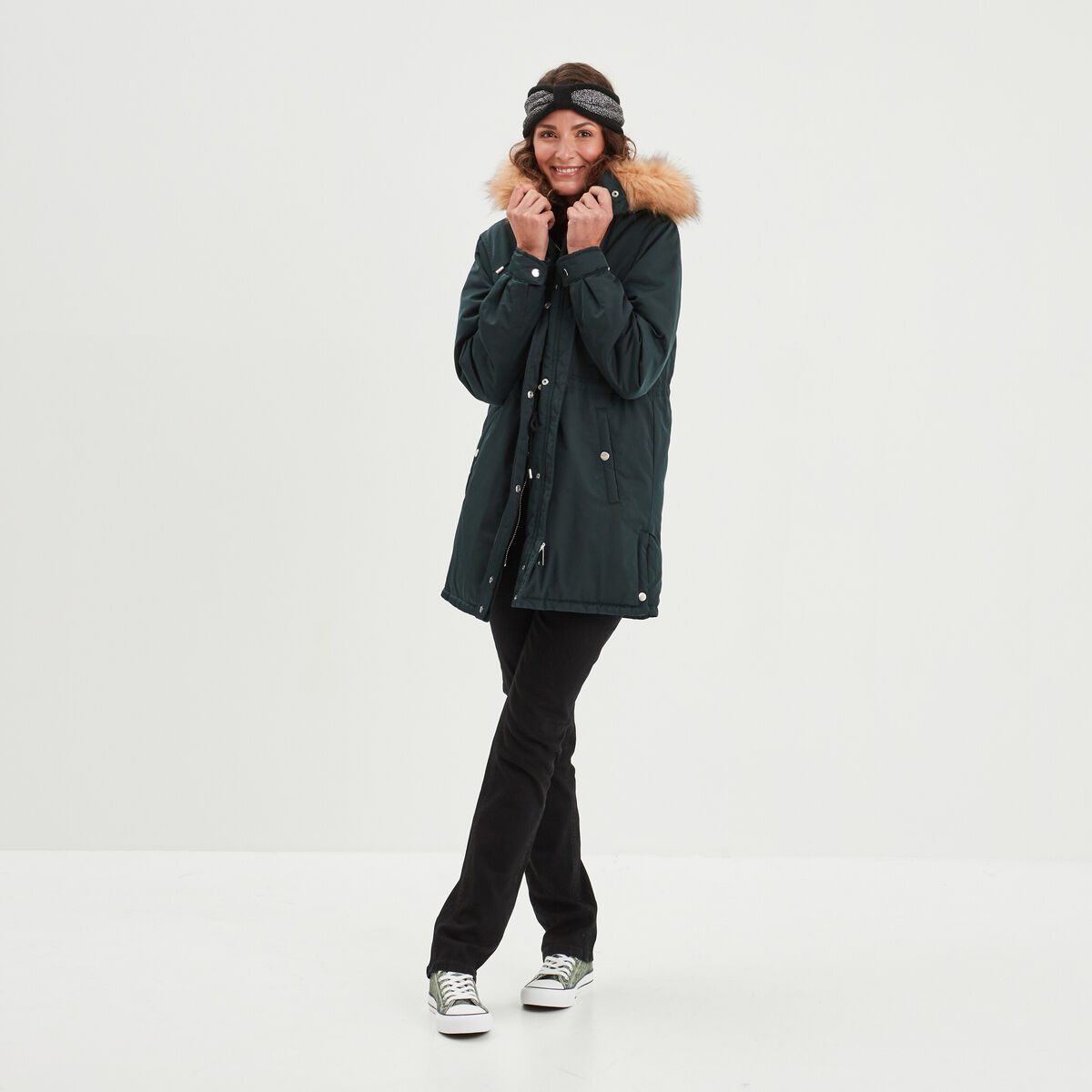 Parka avec capuche fourrure vert foncé femme
