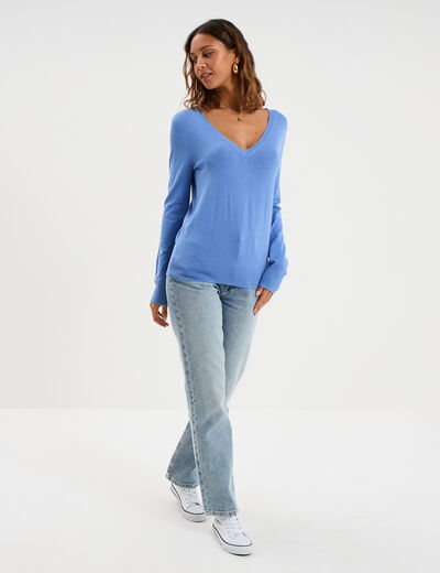 Pull col en V manches longues bleu electrique femme