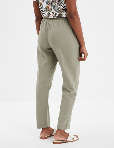 Pantalon en lin droit 7/8ème vert kaki femme