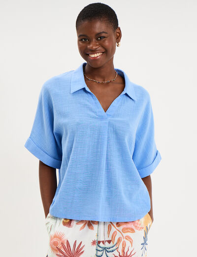 Blouse col chemise oversize coton bleu electrique femme