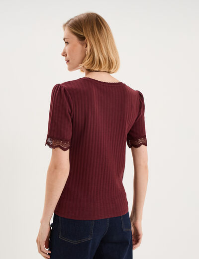 Blouse manches courtes col V dentelle violet fonc&eacute; femme