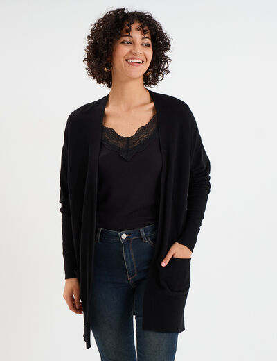 Gilet mi-long manches longues noir femme