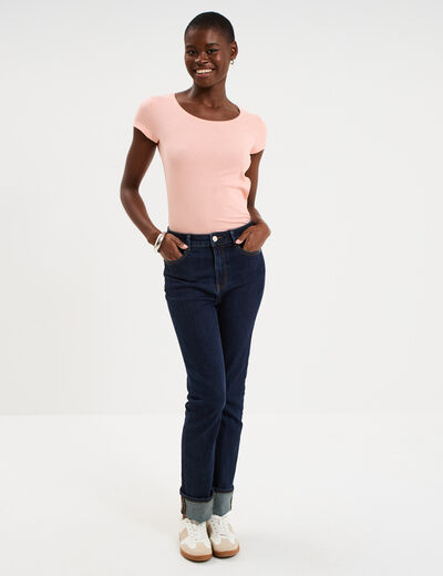 T-shirt coton col rond manches courtes rose poudr&eacute;e femme