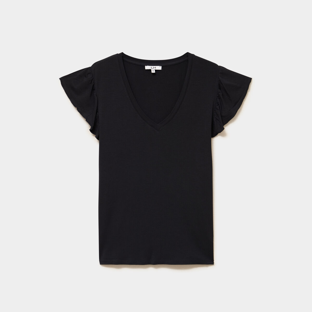 T-shirt droit manches courtes &agrave; volants noir femme