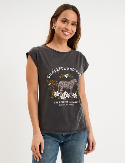 T-shirt col rond manches courtes coton noir femme