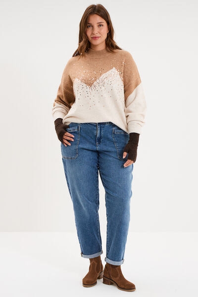 Pull col montant &agrave; sequins oversize beige femme grande taille