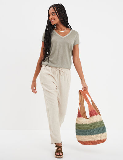 Pantalon en lin droit 7/8ème beige femme