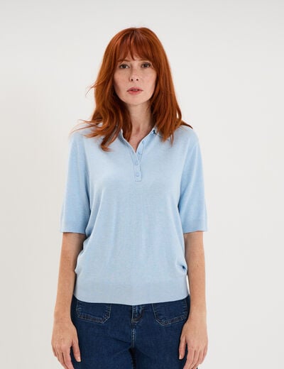 Pull col polo manches courtes bleu femme