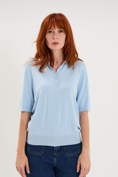 Pull col polo manches courtes bleu femme