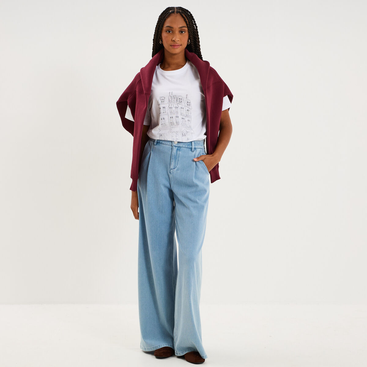 Jean large taille mi-haute &agrave; pinces denim triple stone femme