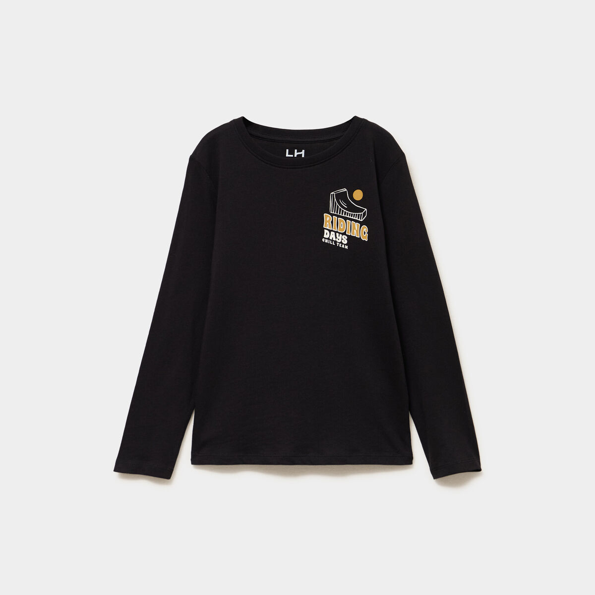T-shirt col rond manches longues coton noir gar&ccedil;on