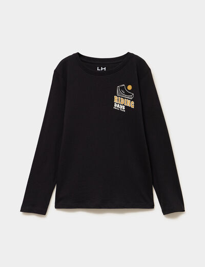 T-shirt col rond manches longues coton noir gar&ccedil;on