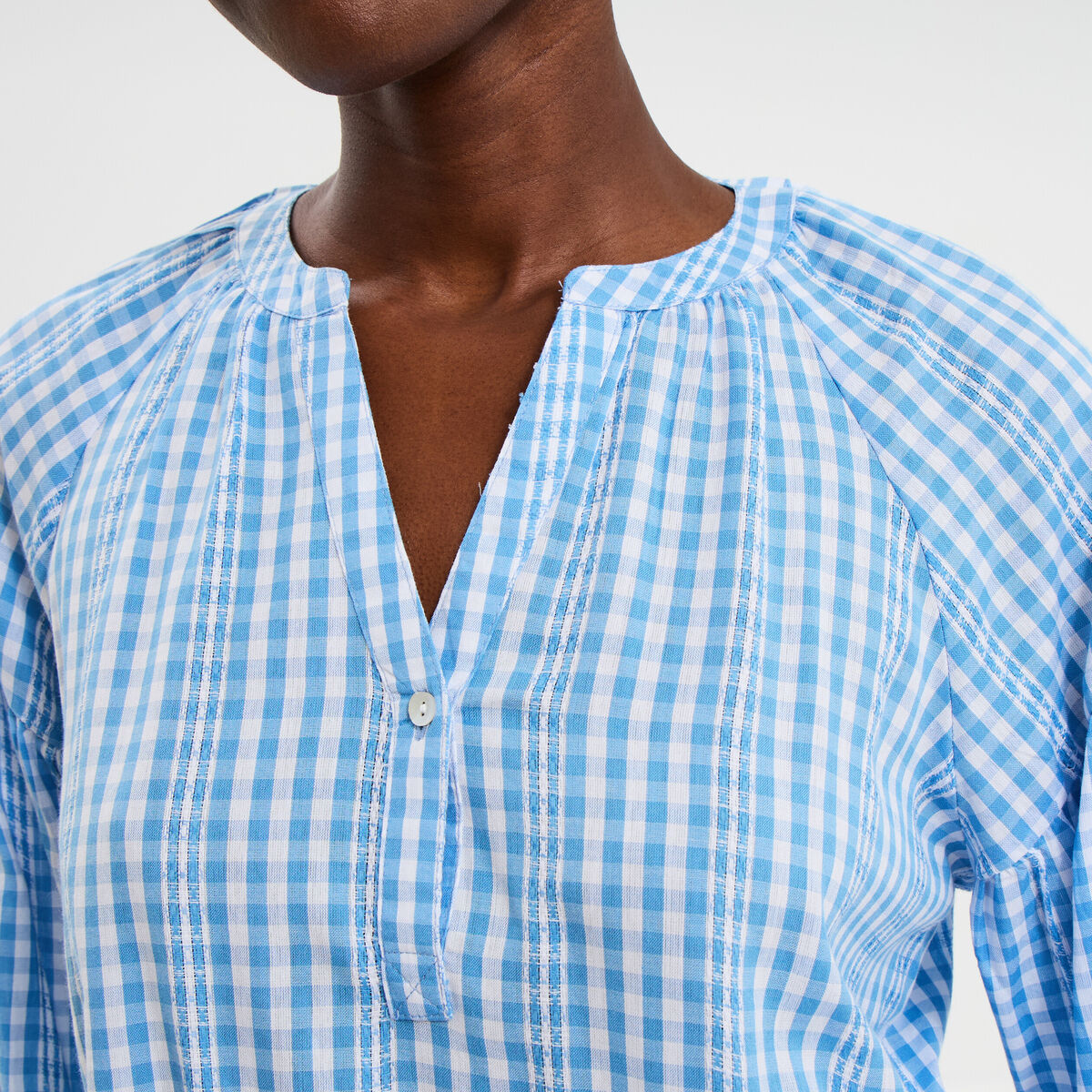 Blouse oversize col tunisien coton bleu clair femme