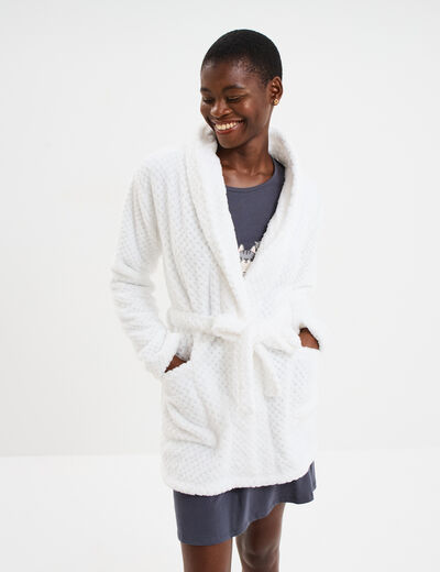 Peignoir mi-long effet polaire ceintur&eacute; blanc femme