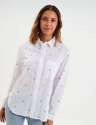 Chemise droite brod&eacute;e coton blanc femme
