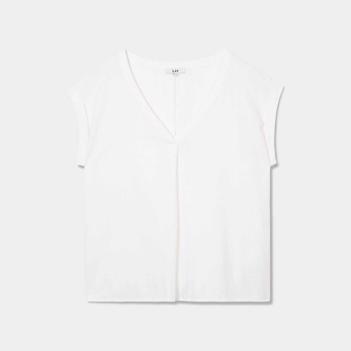 Blouse col V manches courtes lin mélangé blanc femme