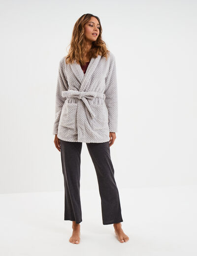 Peignoir mi-long effet polaire ceintur&eacute; gris clair femme