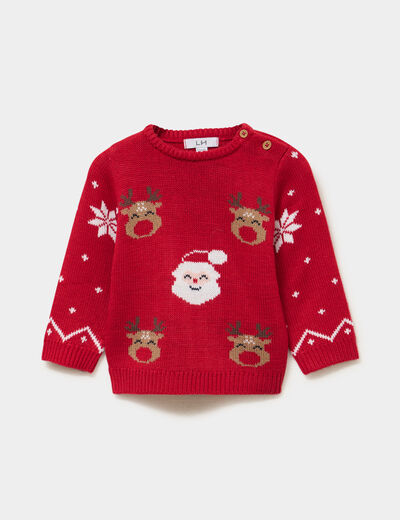 Pull de No&euml;l col rond manches longues rouge b&eacute;b&eacute; gar&ccedil;on