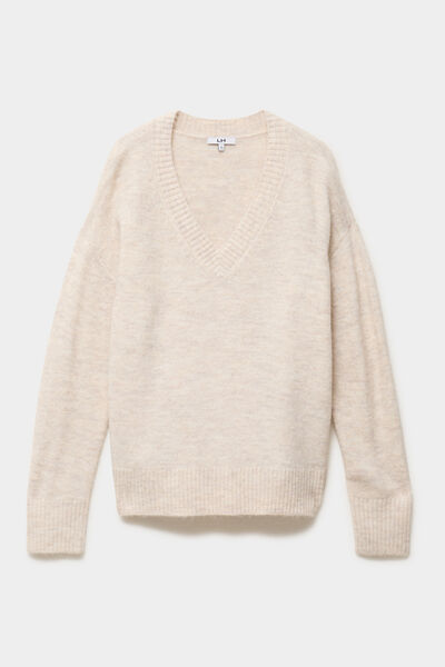 Pull col en V manches longues ecru femme