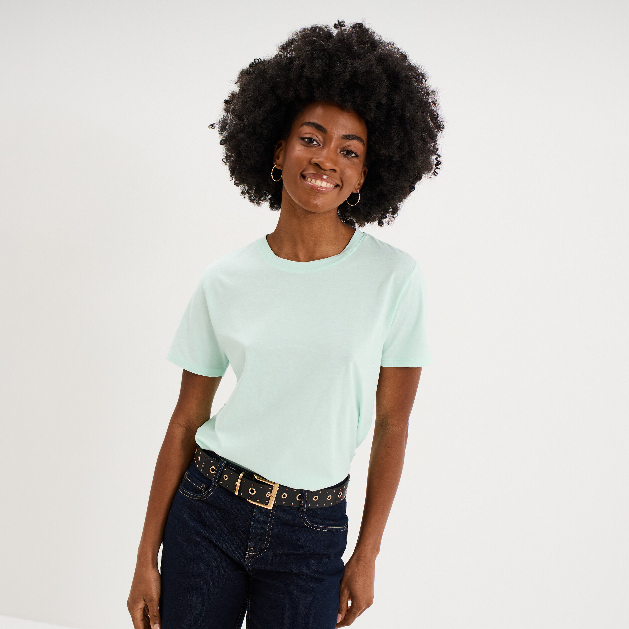 T-shirt col rond manches courtes coton vert clair femme LH