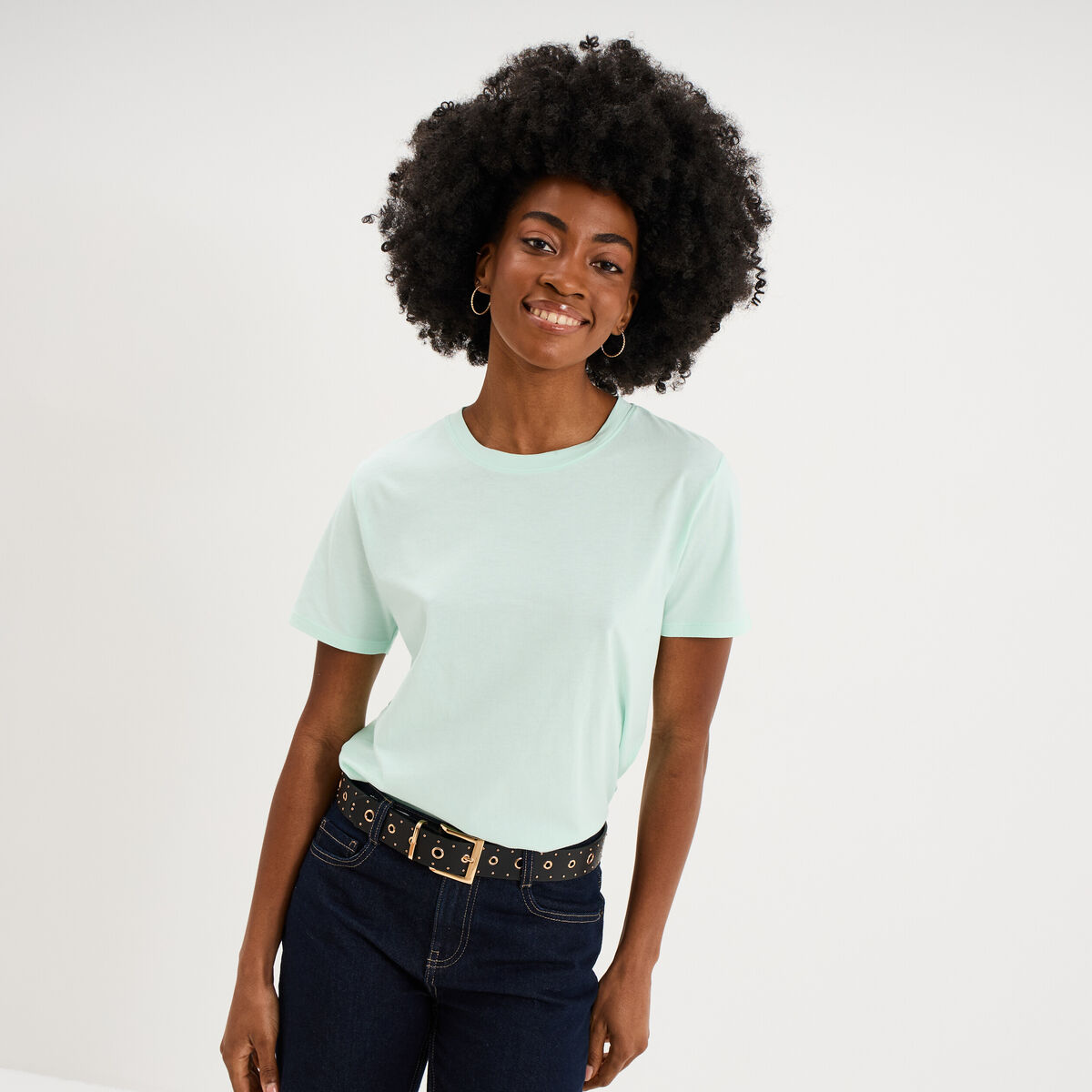 T-shirt col rond manches courtes coton vert clair femme
