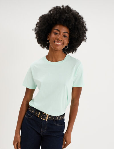 T-shirt col rond manches courtes coton vert clair femme