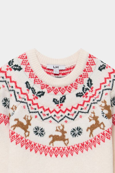 Robe pull droite manches longues No&euml;l ecru fille