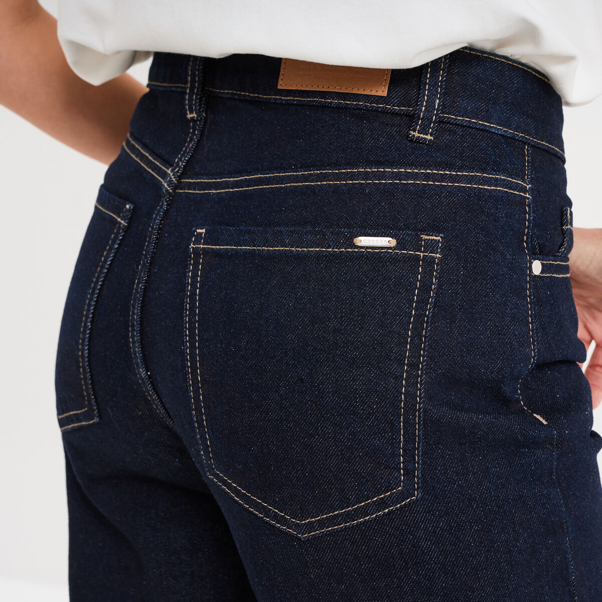 Jeans droit taille haute revers 7/8ème denim brut femme