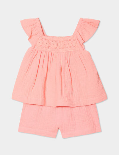 Ensemble 2 pièces gaze de coton rose corail bébé fille