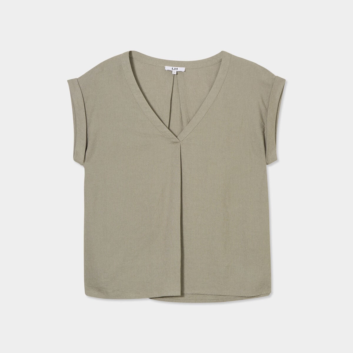 Blouse col V manches courtes lin m&eacute;lang&eacute; vert kaki femme