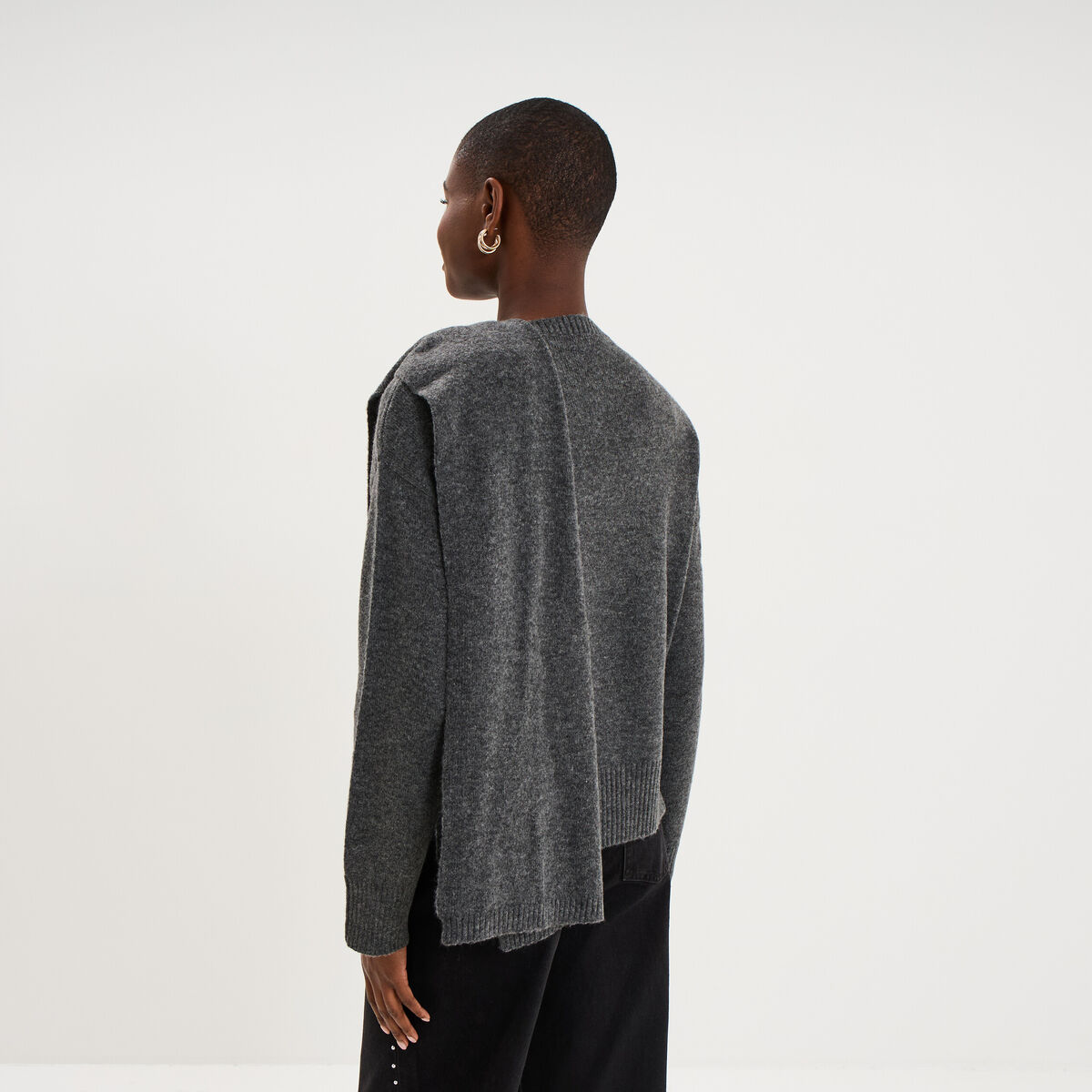 Pull col rond &eacute;charpe amovible gris fonc&eacute; femme